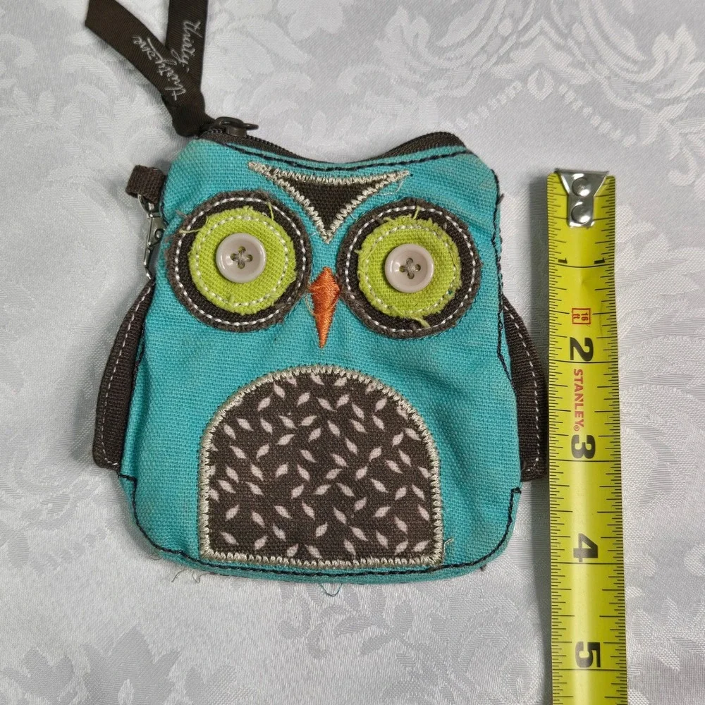 Thirty-One Owl Coin Purse Turquoise Blue Canvas Zipper Pouch with Key Clip